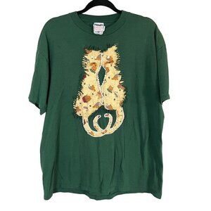 Handmade Top Women XL Green Crew Neck Pullover Tan Cat Lover Retro Quirky Soft